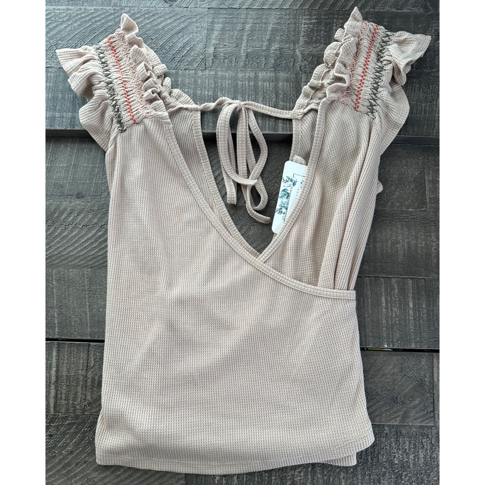 HEM & THREAD Khaki Tan Sleeveless Embroidered Wrap Crop Top Women's Small NEW